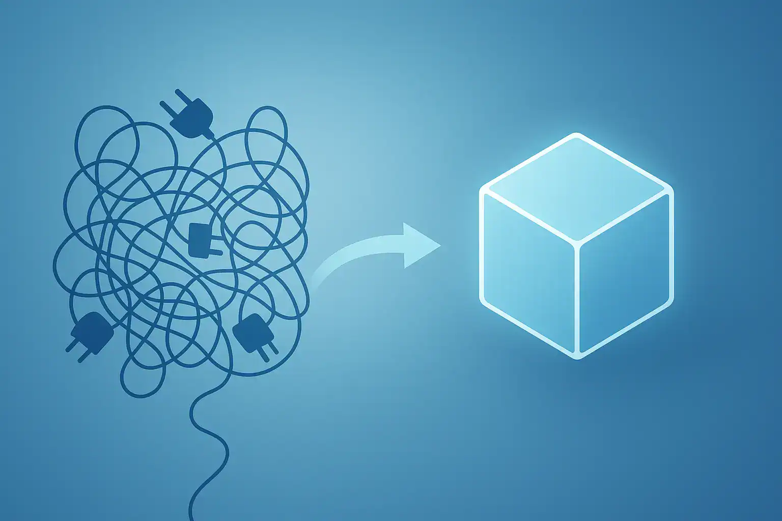 AI-powered digital transformation process with interconnected power symbols and a glowing cube.